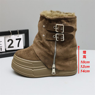 冬季加绒保暖雪地靴女马丁靴女内增高短靴10-12cm小个子兔毛靴子