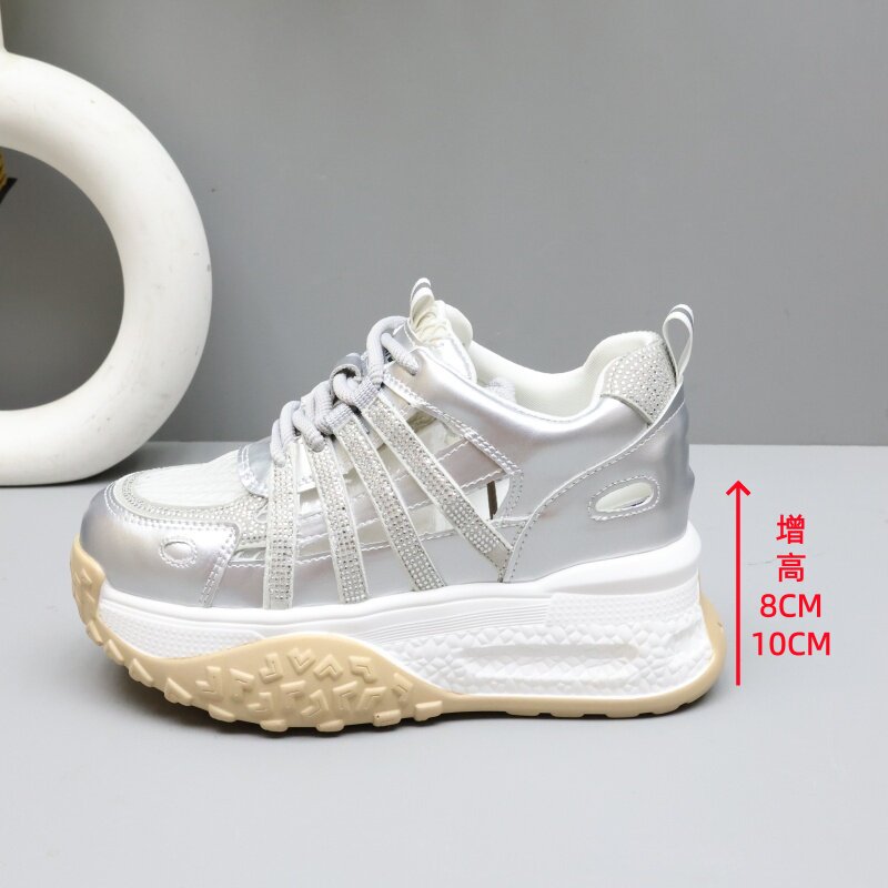 小个子厚底老爹鞋女夏季内增高8-10cm小白鞋百搭镂空透气休闲凉鞋