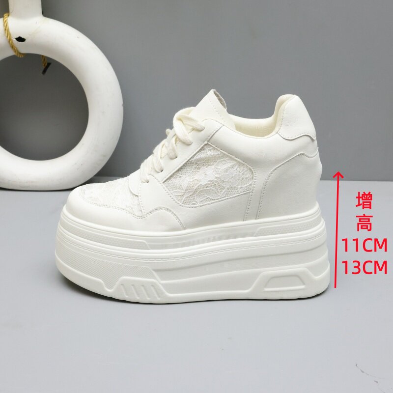 隐形内增高11-13cm厚底小白鞋女夏季蕾丝网面透气小个子休闲板鞋
