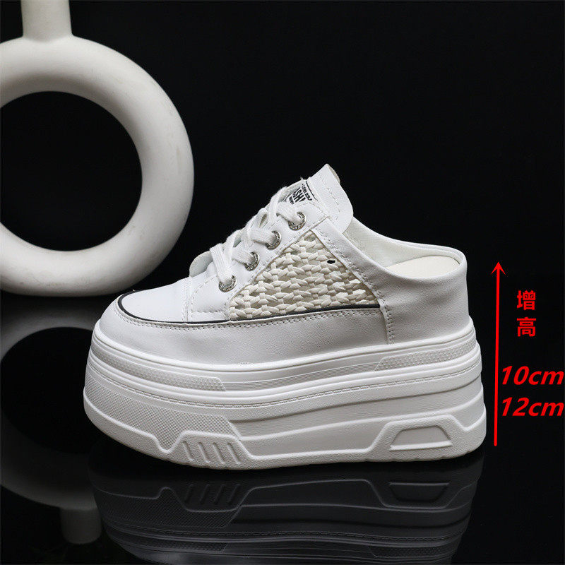 包头半拖鞋女外穿2025夏新款镂空编织网面凉拖12cm厚底增高小白鞋