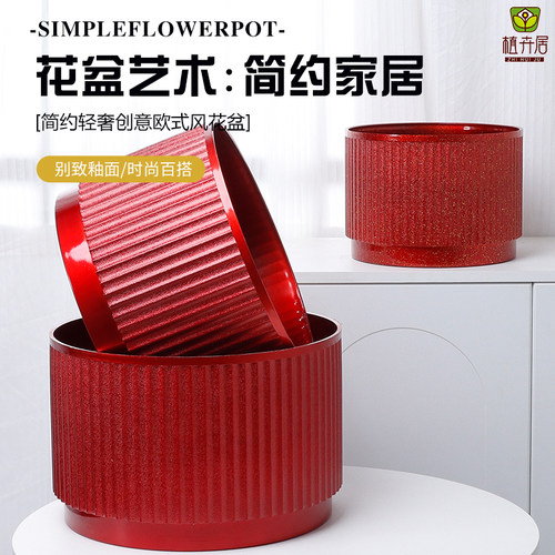 简约条纹花盆大号带托盘