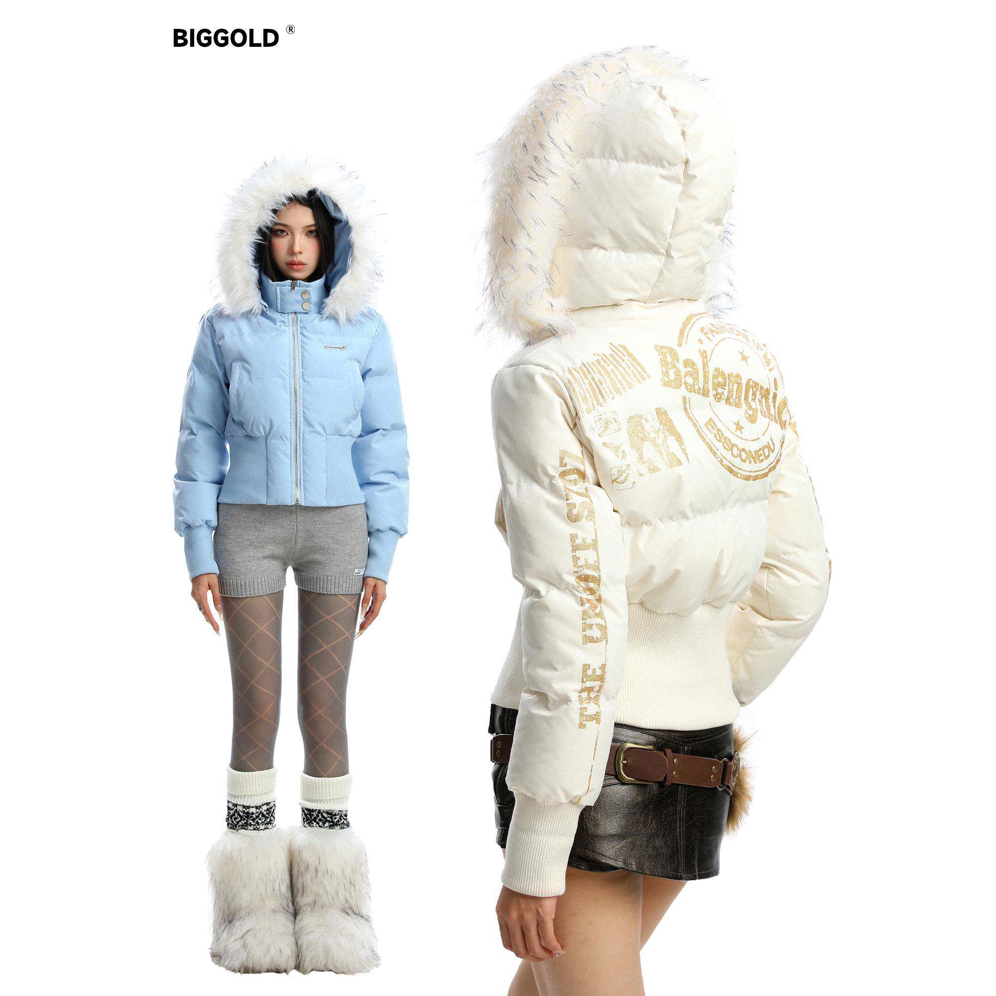 BIGGOLD美式可拆卸毛领连帽短款棉服女冬季辣妹修身显瘦短款棉袄