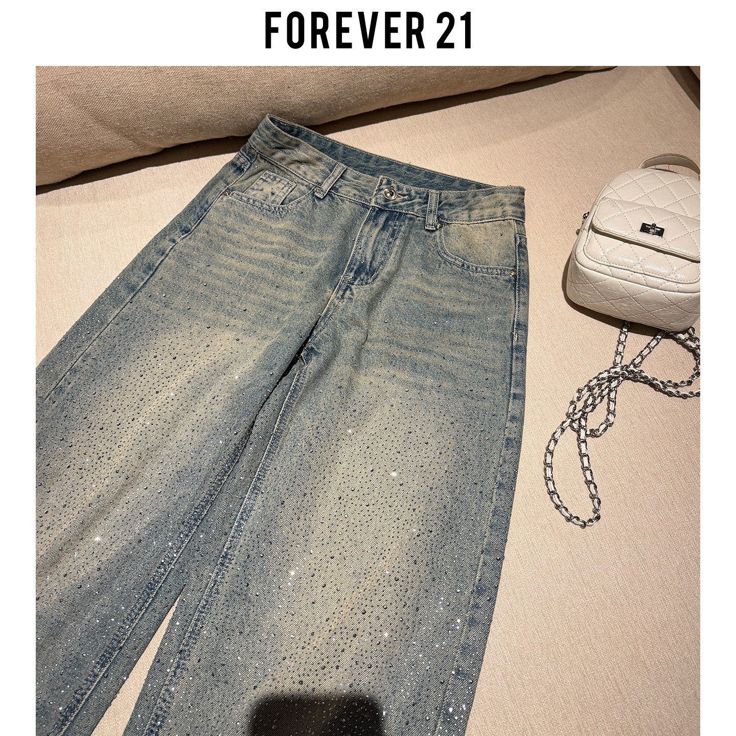 Forever 21设计感浅蓝闪闪烫钻阔腿牛仔裤女美式高腰宽松直筒裤子