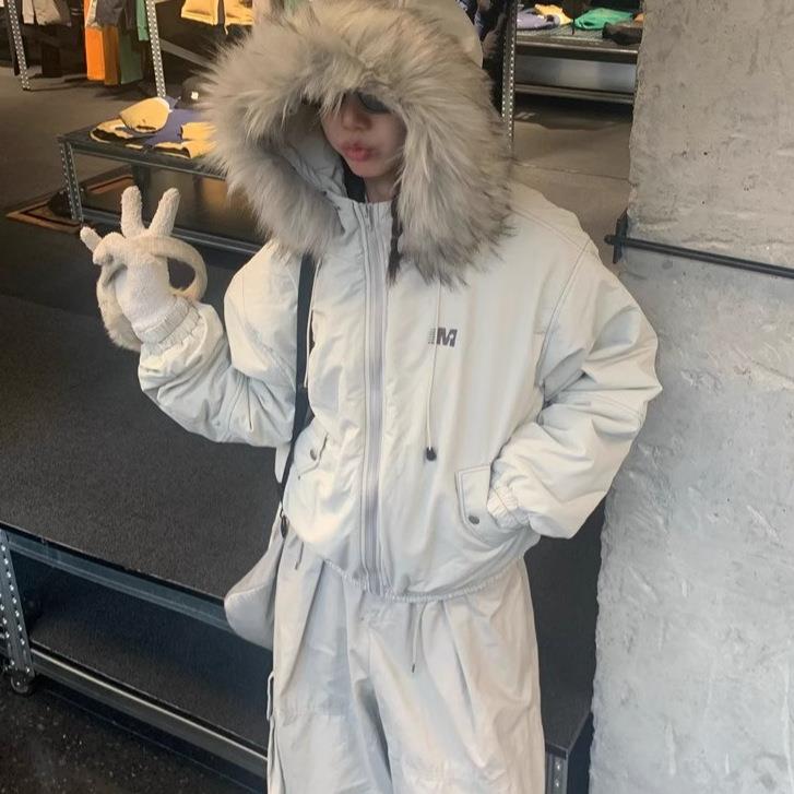 美式复古高街派克服可拆卸毛领连帽棉服冬季加厚保暖棉衣外套女潮