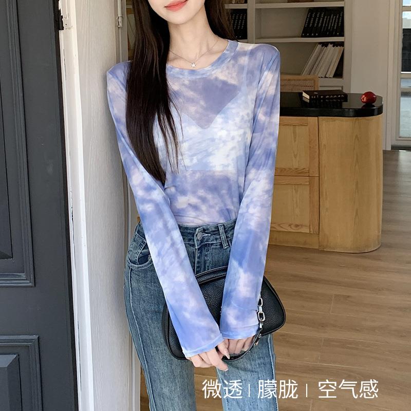 H873定制圆领网纱印花长袖T恤女春夏季修身显瘦微透防晒外穿上衣
