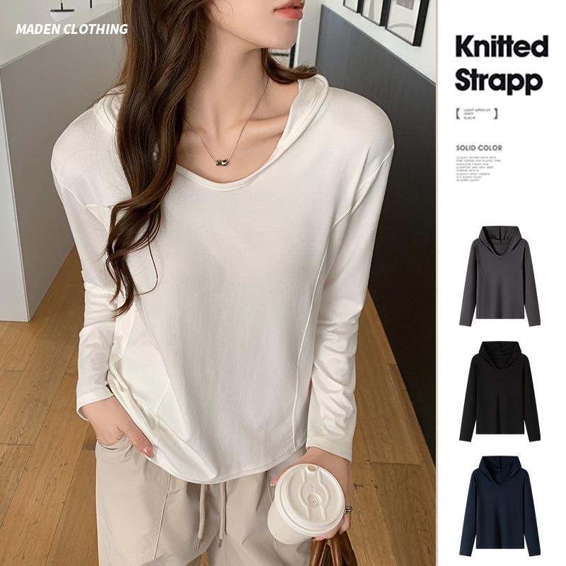 K2688连帽慵懒风长袖打底衫女春秋冬新款纯色宽松U领内搭T恤上衣