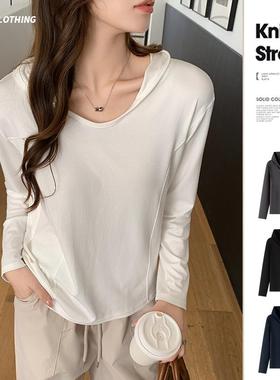K2688连帽慵懒风长袖打底衫女春秋冬新款纯色宽松U领内搭T恤上衣