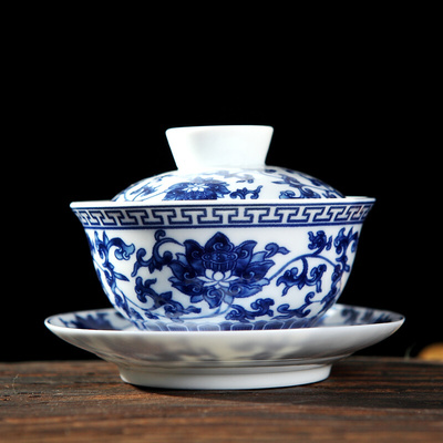 青花瓷 大盖碗 景德镇 茶具 陶瓷 大碗茶杯盖碗茶杯子 盖碗品茶杯