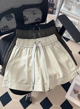 高级感抽秋U松紧绳腰P皮短裤女冬2024新款HEX外穿高腰显瘦黑色阔