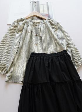 默棉法式灰色条纹泡泡衬衫季女秋棉OMY简约上衣艺文复古女衬衫宽