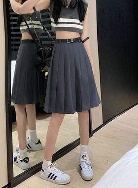 黑色褶中裙长款夏季裙女学院风RATa字中高腰遮胯显瘦学生半身裙百