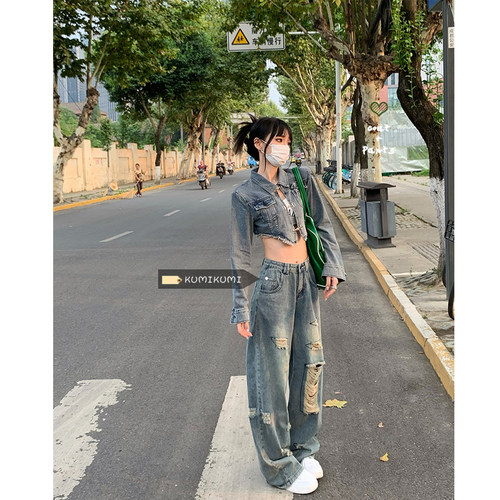 辣妹高级感炸街i休闲套装牛仔外套上衣女春季高腰阔腿裤长裤两件