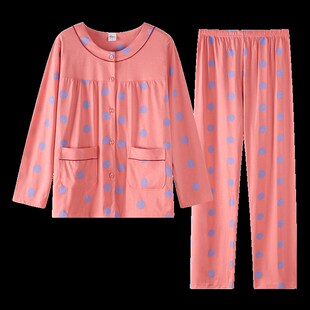 胖mm女士纯棉睡衣长袖套s装中年人妈妈休闲家居圆领开衫加大码睡