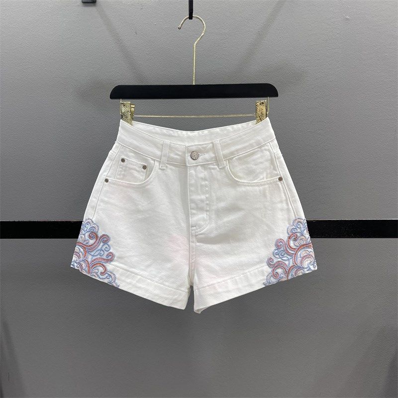 中国风刺绣白色牛仔短裤女2025夏季新款百搭高腰显瘦A字阔腿热裤