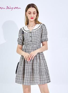 五丁SXV打目衣女装夏季舍新款复古格纹底拼接裙松紧腰连衣裙36624