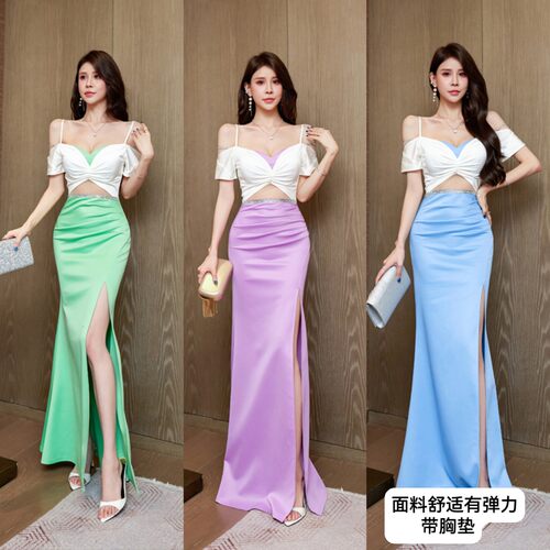 性感露肩吊带开叉名媛晚礼服