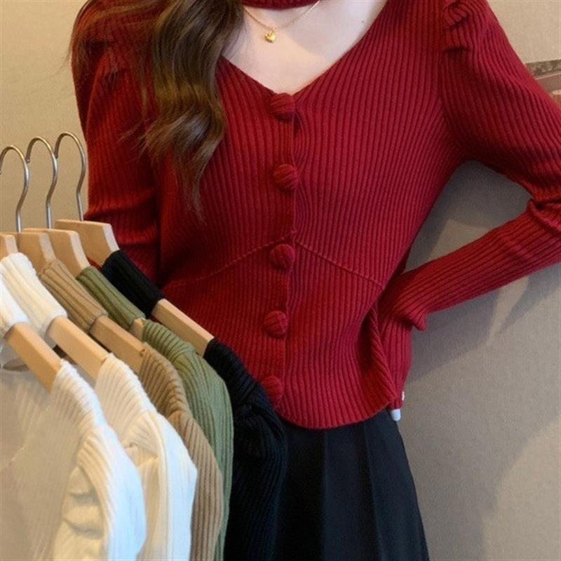 挂脖长袖针织衫女春秋新款打底衫内搭设计感毛衣修身百搭短款上衣