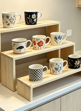 桌面纯实木阶梯式置物架茶杯盲盒玩具公仔摆件简约收纳展示陈列架
