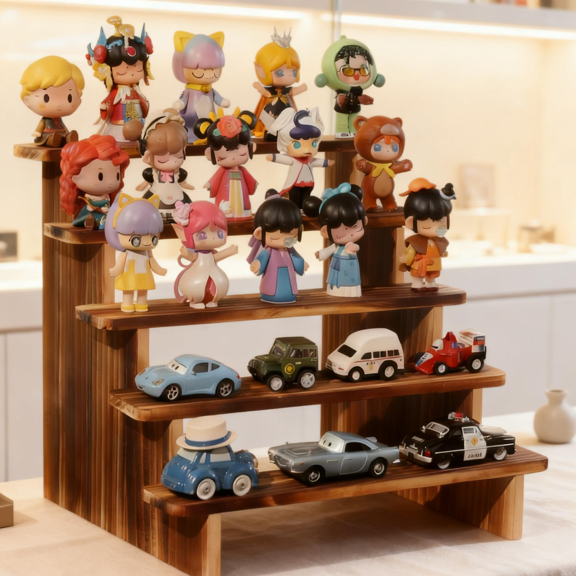 纯实木展示架收纳架桌面手办泡泡玛特盲盒玩偶阶梯架子免螺丝卡槽