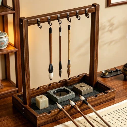 毛笔收纳架复古笔挂笔架桌面文房四宝实木展示架悬挂式书法笔托架