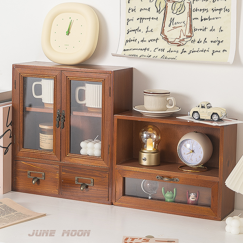 办公桌水杯收纳桌面杂物文玩复古实木储物盒化妆品口红香水置物架