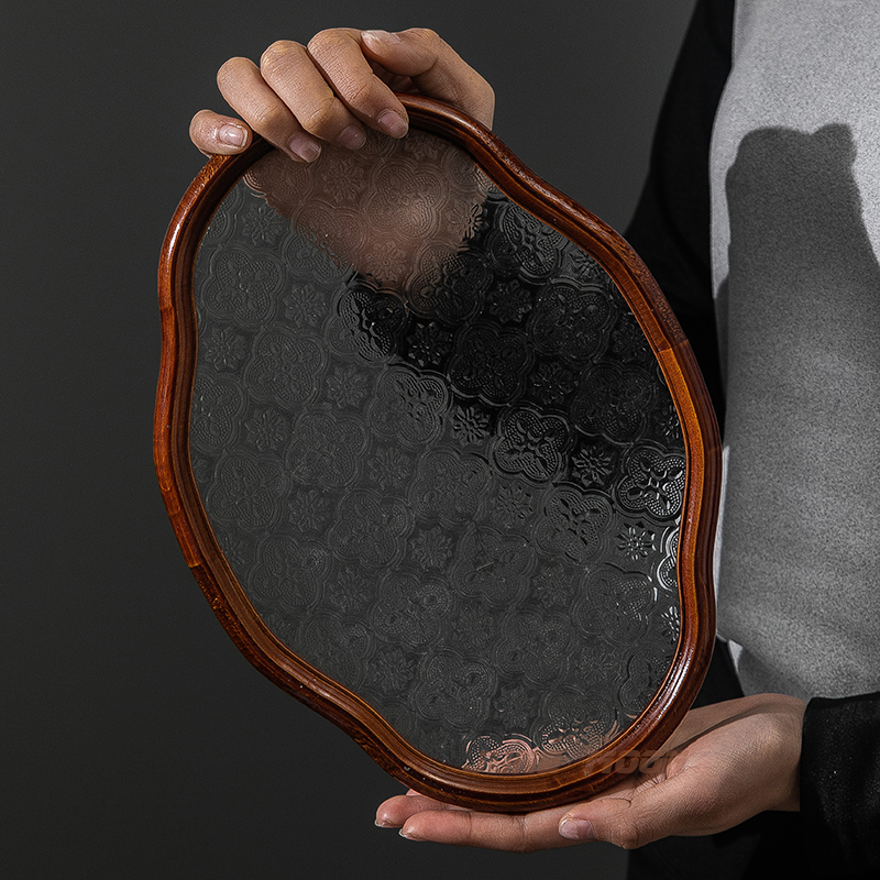 桌面海棠玻璃茶水茶具收纳盒客厅茶托盘中式椭圆形水果茶杯展示架