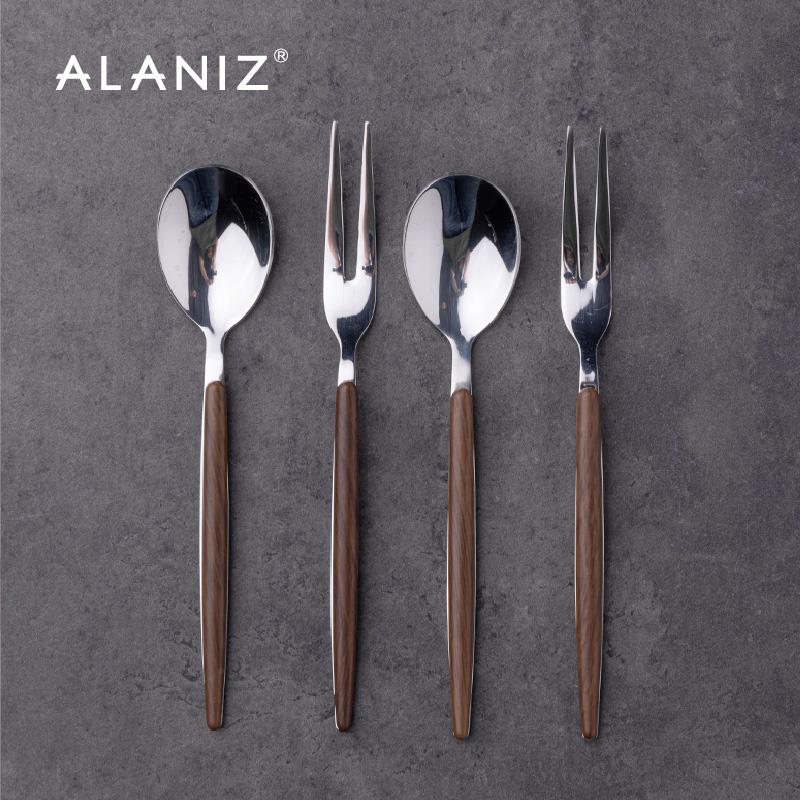 alaniz南兹仿木纹叉子勺子高颜值不锈钢水果叉甜品勺水果签可爱风