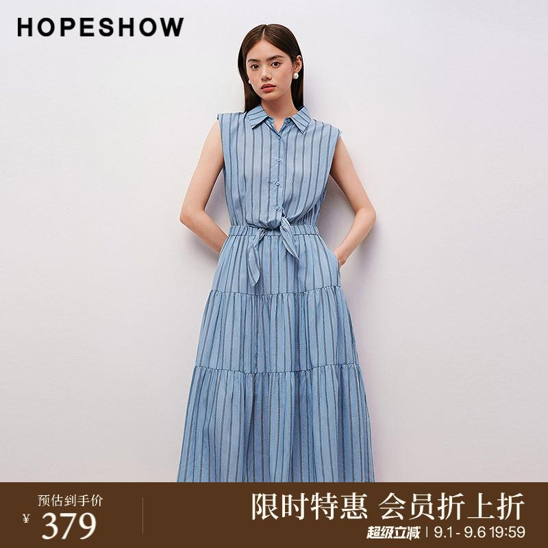 红袖商场同款HOPESHOW2025秋新款女装条纹绑带无袖衬衫领连衣裙图片