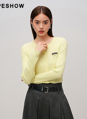 红袖商场同款HOPESHOW2025秋新款女装复古绞花正肩圆领针织开衫