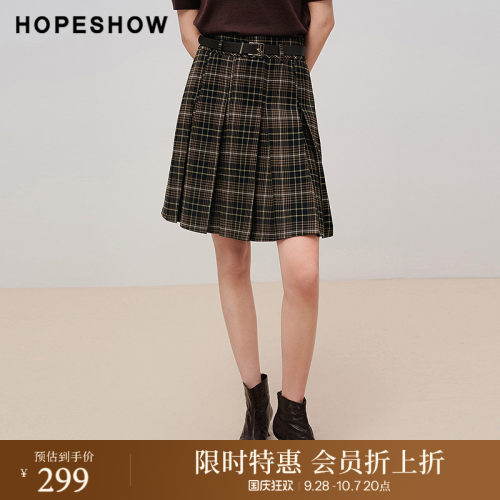 红袖商场同款HOPESHOW2025秋新款女装复古咖格压褶侧拉链A字短裙
