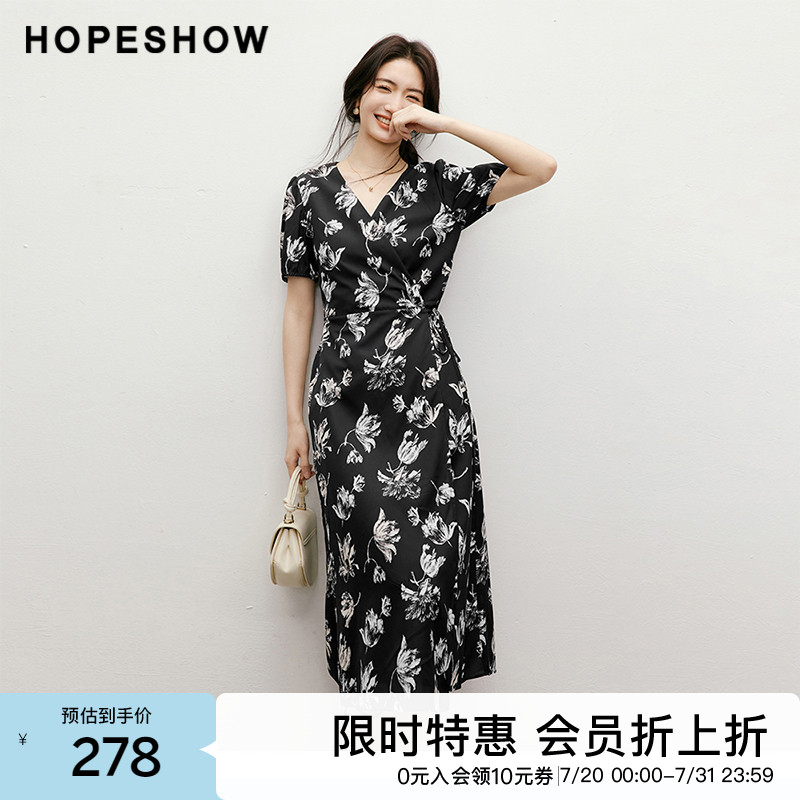 【会员专享】红袖2025夏季新款女装【热带风情】围裹式V领连衣裙