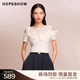 商场同款 HOPESHOW2025秋新款 女装 红袖 荷叶边拼接短袖 圆领针织上衣