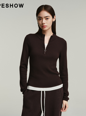 红袖商场同款HOPESHOW2025冬新款女装假两件撞色拼接针织衫