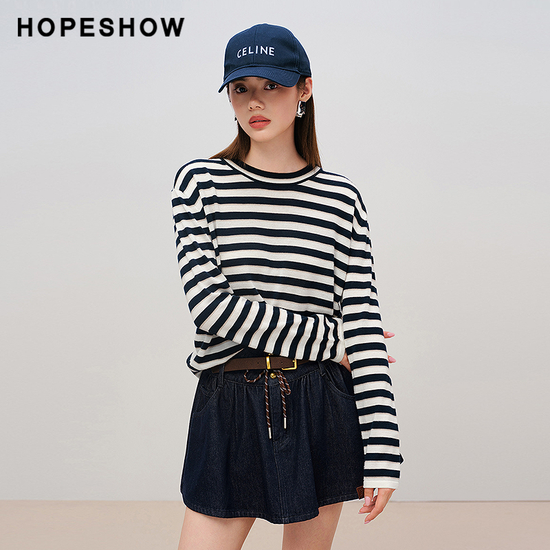 红袖商场同款HOPESHOW2025秋新款女装羊毛条纹落肩袖套头针织衫