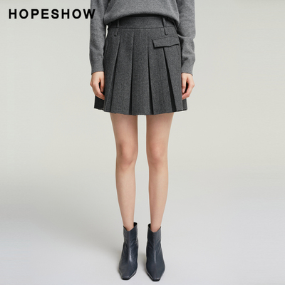 红袖商场同款HOPESHOW2025冬新款女装学院风压褶拼接侧拉链短裙