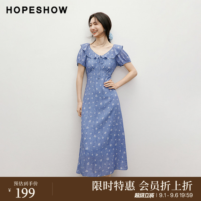 【会员专享】红袖2025夏新款女装泡泡袖V领套头仿牛仔碎花连衣裙图片