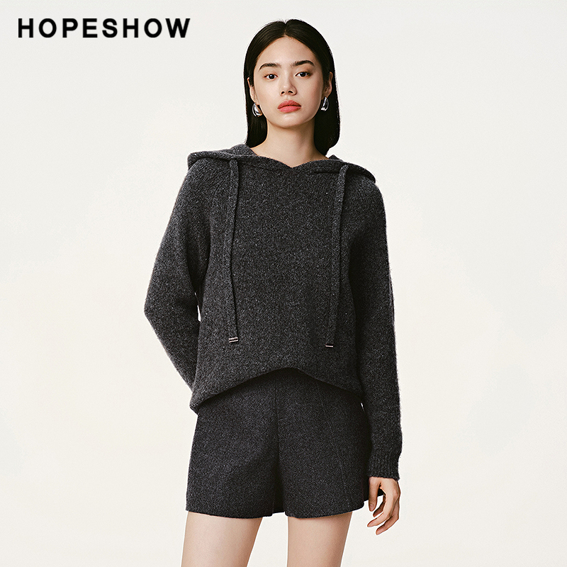 红袖商场同款HOPESHOW冬季2024新款女装亮片插肩连帽套头针织衫