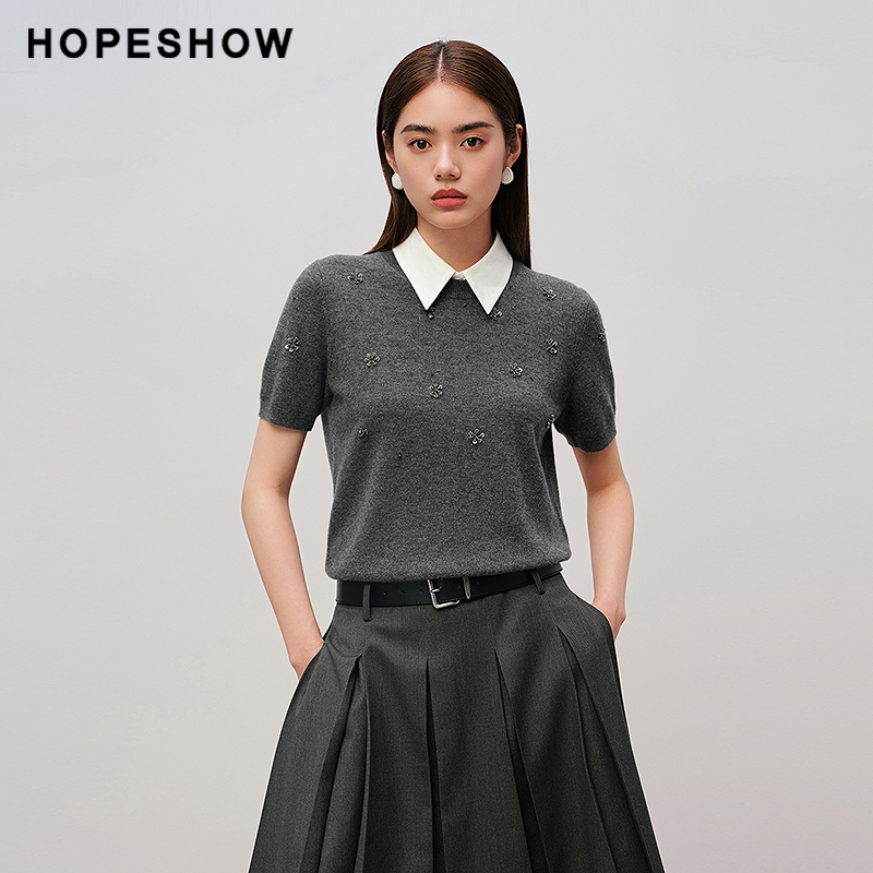 红袖商场同款HOPESHOW2025秋新款女装绵羊毛手工钉珠圆领针织衫