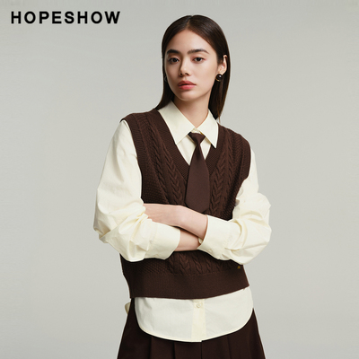 红袖商场同款HOPESHOW2025冬新款女装复古绞花无袖V领针织背心
