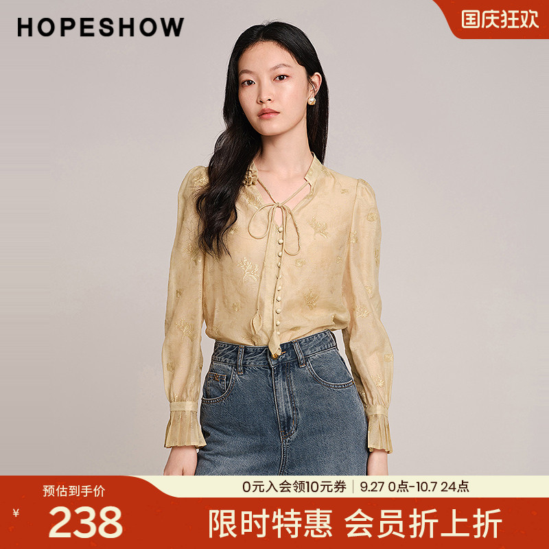 红袖商场同款HOPESHOW提花刺绣雪纺衫秋季2024新款女轻熟系带上衣