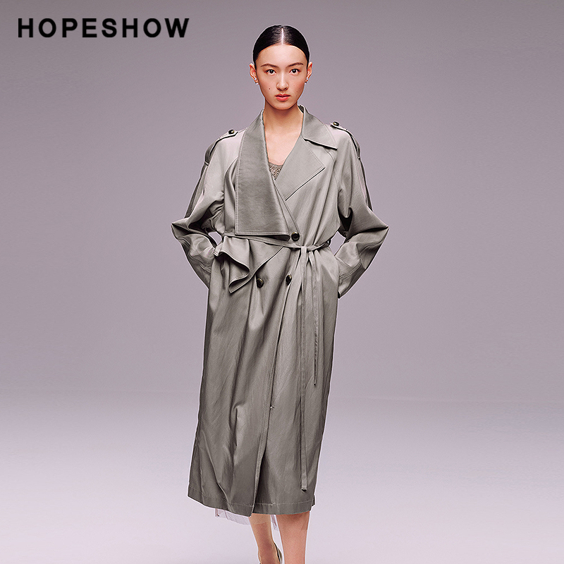 红袖商场同款HOPESHOW2025秋新款女装系带双排扣翻驳领长款风衣