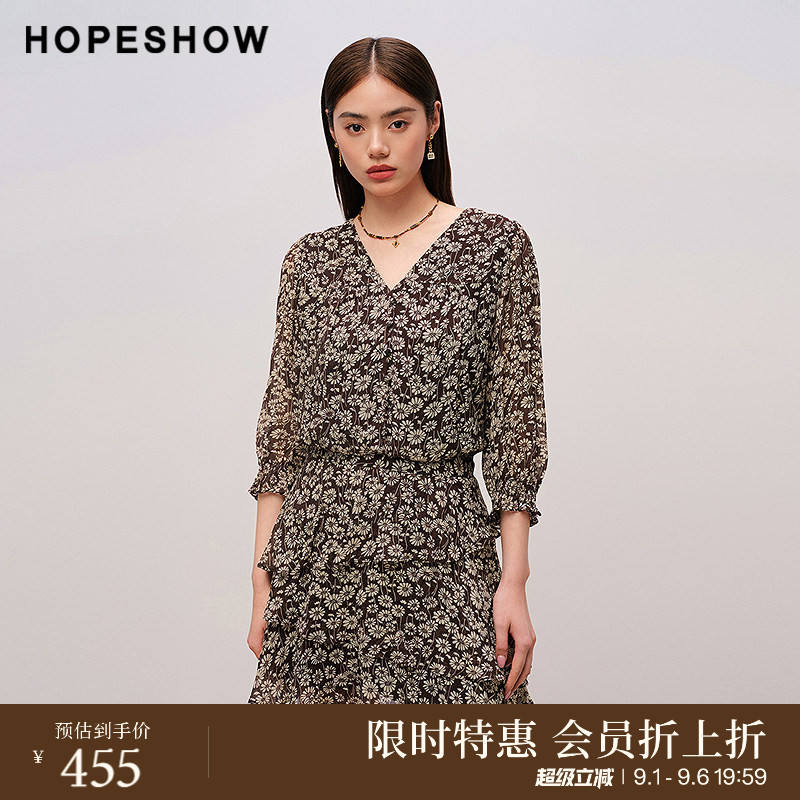 红袖商场同款HOPESHOW2025秋新款女装印花荷叶边拼接V领连衣裙图片