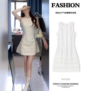 夏日巨好看白色无袖连衣裙短款女木耳边小白裙独特漂亮掐腰短裙子