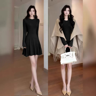 黑色针织连衣裙女秋冬季短款内搭打底伯克利裙子韩系秋冬穿搭套装