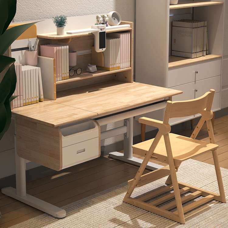 书桌实木儿童学习桌写字台书房学生家用可升降课桌椅套装智能AI灯