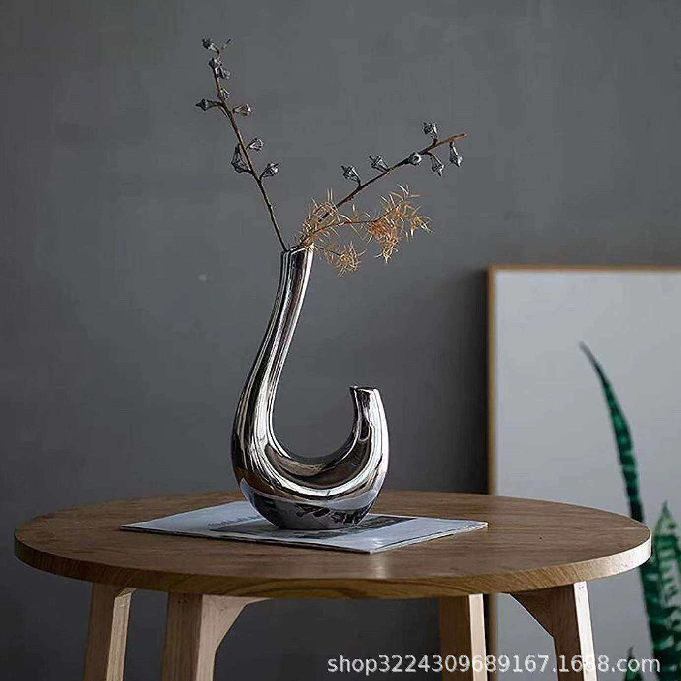 轻奢感电镀银简约异形陶瓷花瓶干花鲜花插花器高级样板房书柜摆件,电子元器件市场,其它元器件,淘宝优惠券,粉丝福利购,淘宝优惠卷