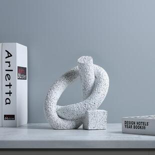 现代北欧轻奢新中式诧寂风树脂石质麻点绳结抽象几何摆件家居饰品