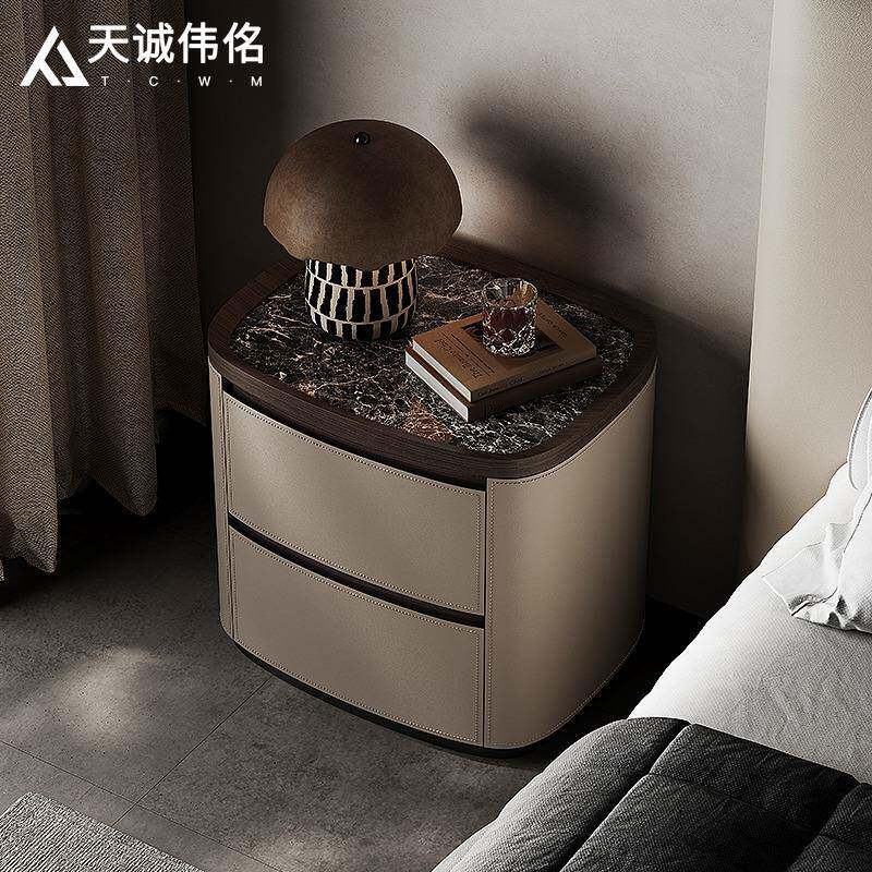 KGA234现代简约岩板实木床头柜高端意式轻奢卧室家用方形皮艺床边