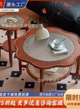 复古实木茶几家用小户型客厅茶几沙发边海棠玻璃圆形圆几中古美式