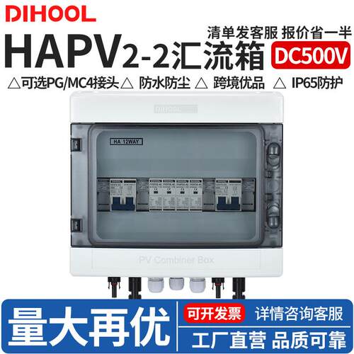 DC500V光伏直流汇流箱二进二出ABS塑料太阳能熔断浪涌光伏配电箱